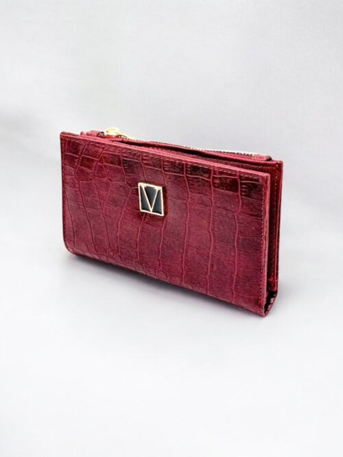 Bordo Timsah Desenli Fermuarlı Mıknatıslı Mini Kadın Cüzdan