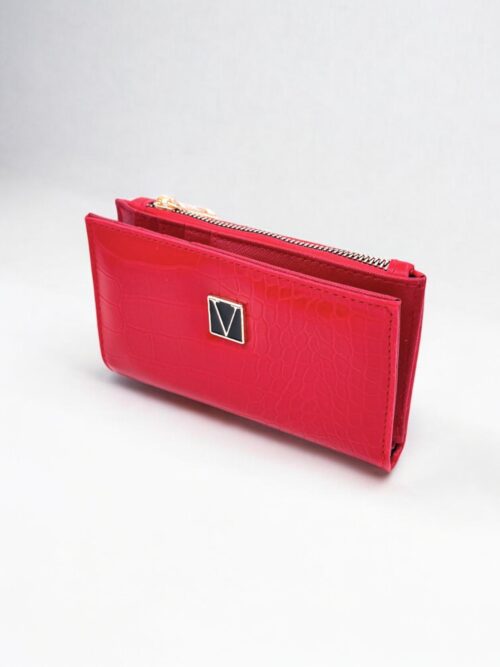 Kırmızı Timsah Desenli Fermuarlı Kadın Cüzdan