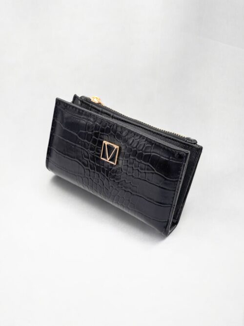 Siyah Timsah Desenli Fermuarlı Kadın Cüzdan