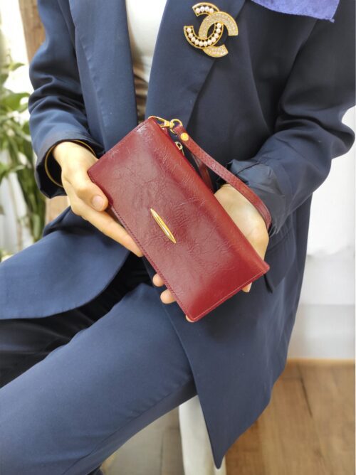 Elden Askılı Fermuar Detaylı Kadın Bordo Cüzdan El Çantası