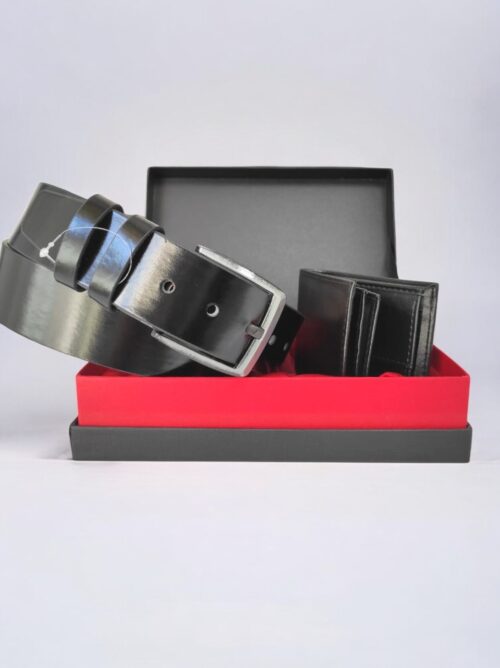 Özel Hediye Kutulu 2'li Set Hediyelik Şık Suni Deri Erkek Parlak Kot Kemer Cüzdan Seti