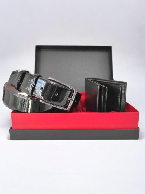 Özel Hediye Kutulu 2'li Set Hediyelik Şık Suni Deri Erkek Parlak Kumaş Kemer Cüzdan Seti