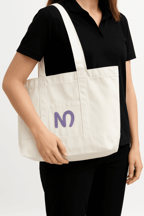 N Logolu Bez Çanta - Plaj Çantası, Kalın Kumaş, Turuncu Astarlı, Omuz Askılı