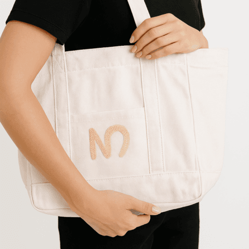 N Logolu Bez Çanta - Plaj Çantası, Kalın Kumaş, Turuncu Astarlı, Omuz Askılı