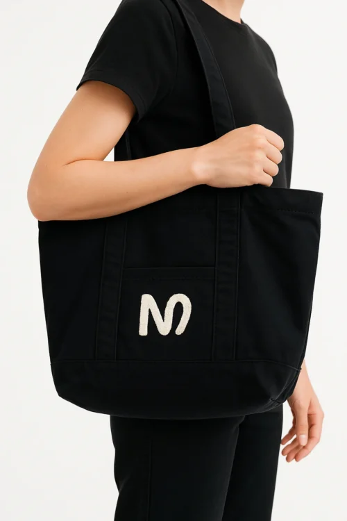 N Logolu Bez Çanta - Plaj Çantası, Kalın Kumaş, Turuncu Astarlı, Omuz Askılı