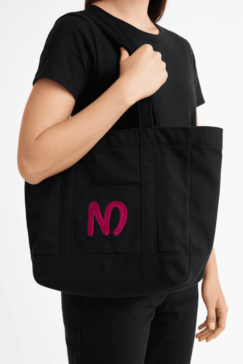 N Logolu Bez Çanta - Plaj Çantası, Kalın Kumaş, Turuncu Astarlı, Omuz Askılı