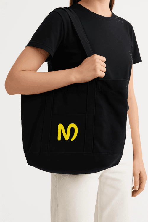 N Logolu Bez Çanta - Plaj Çantası, Kalın Kumaş, Turuncu Astarlı, Omuz Askılı