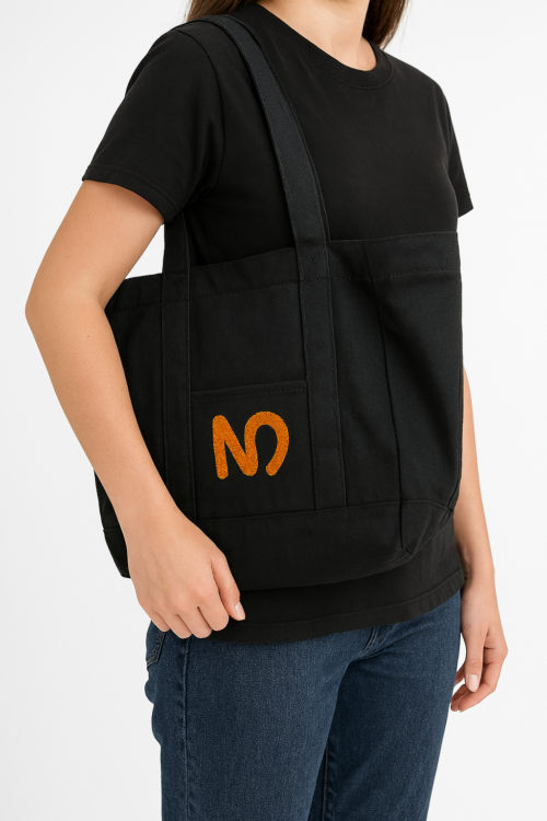 N Logolu Bez Çanta - Plaj Çantası, Kalın Kumaş, Turuncu Astarlı, Omuz Askılı