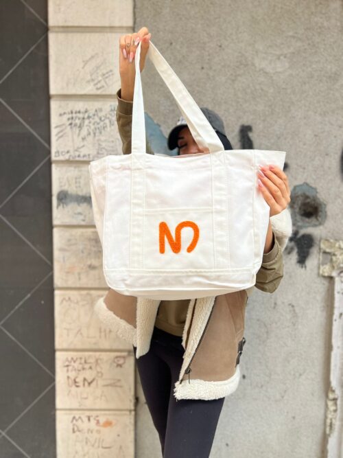 N Logolu Bez Çanta - Plaj Çantası, Kalın Kumaş, Turuncu Astarlı, Omuz Askılı