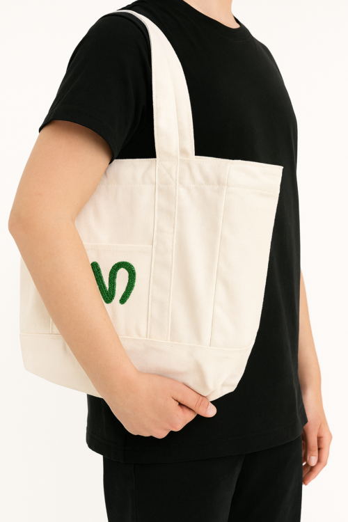 N Logolu Bez Çanta - Plaj Çantası, Kalın Kumaş, Turuncu Astarlı, Omuz Askılı