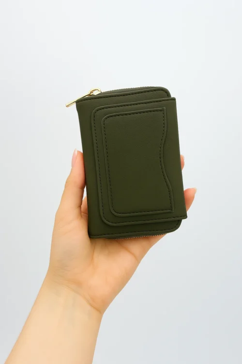 Haki Fermuarlı, Çok Bölmeli, Kartlıklı, Şık ve Kullanışlı Kadın Cüzdan