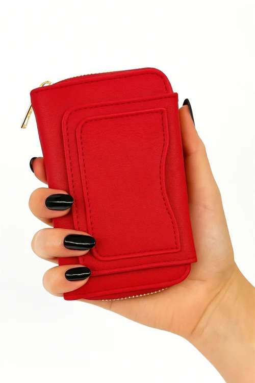 Kırmızı Fermuarlı, Çok Bölmeli, Kartlıklı, Şık ve Kullanışlı Kadın Cüzdan