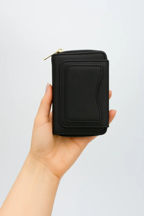 Siyah Fermuarlı, Çok Bölmeli, Kartlıklı, Şık ve Kullanışlı Kadın Cüzdan