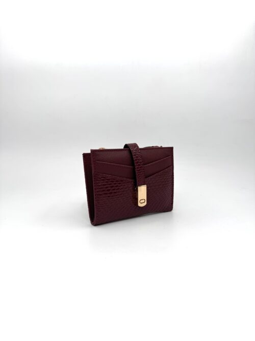 Kadın Bordo Cüzdan – Fermuarlı, Çok Bölmeli, Yılan Desenli Deri Görünümlü, Kartlık ve Para Bölmeli Model
