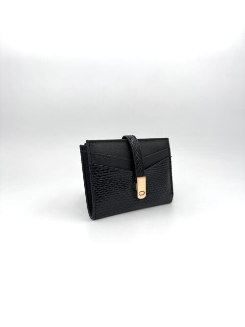 Kadın Siyah Cüzdan – Fermuarlı, Çok Bölmeli, Yılan Desenli Deri Görünümlü, Kartlık ve Para Bölmeli Model