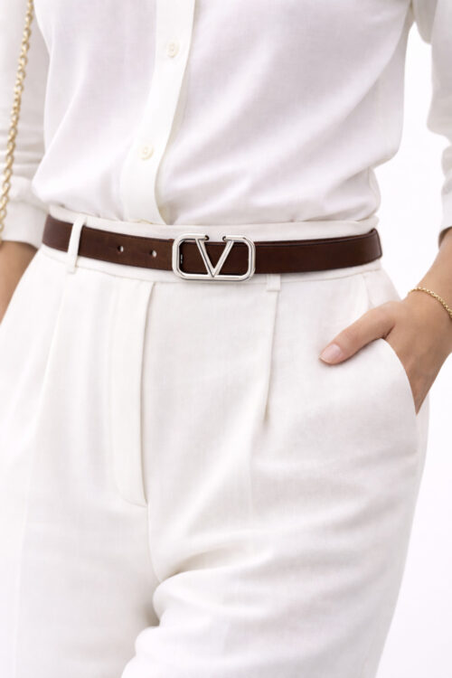 V Gümüş Tokalı İnce Kadın Kahverengi Kemer – Şık ve Zarif İnce Kemer