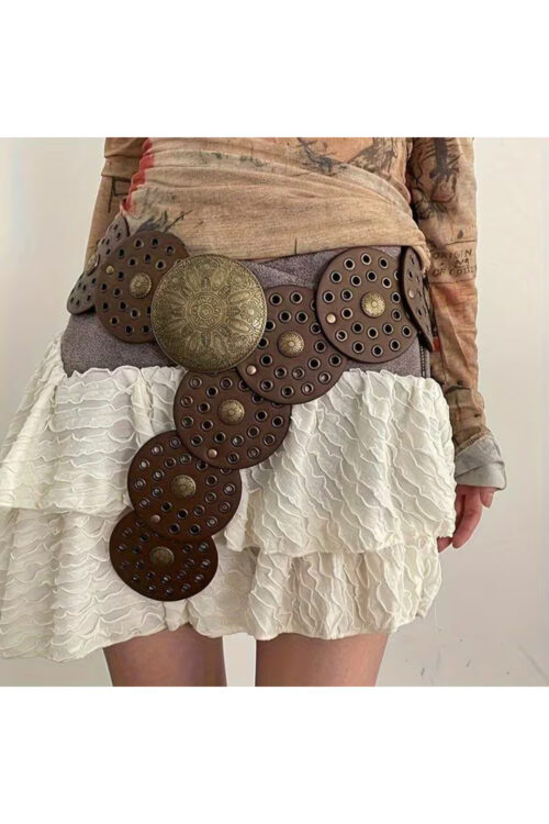 Kadın Etnik Desenli Metal Tokalı Geniş Kahverengi Kemer – Bohem Vintage , Elbise & Abiye Uyumlu, Ayarlanabilir