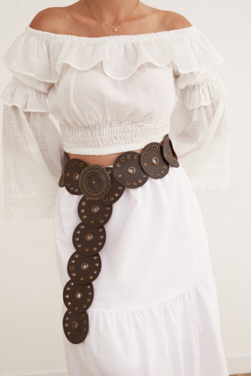 Kadın Bohem Suni Deri Metal Halkalı Dekoratif Kahverengi Kemer – Antik Gold Tokalı, Yuvarlak Parçalı Tasarım