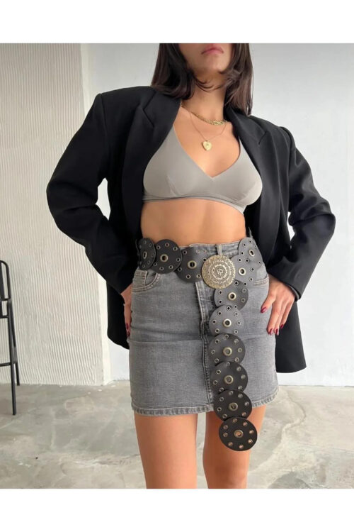 Kadın Bohem Suni Deri Metal Halkalı Dekoratif Siyah Kemer – Antik Gold Tokalı, Yuvarlak Parçalı Tasarım