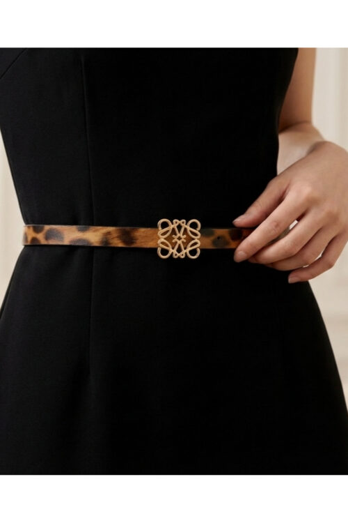 Kadın İnce Suni Deri Gold Tokalı Leopar Desenli Kemer – Zarif Günlük ve Şık Kombinler İçin - Elbise Kemeri