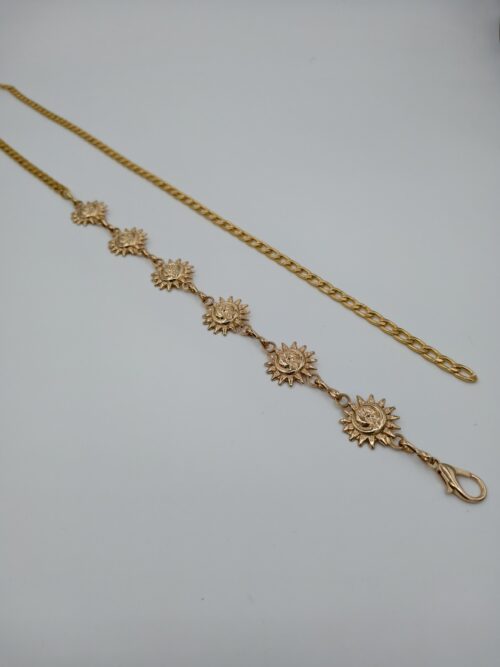 Kadın Gold Zincir Kemer – Güneş Figürlü Metal Bel Kemeri – Elbise ve Tunik Aksesuarı