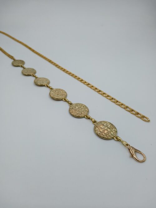 Kadın Gold Zincir Kemer – Yuvarlak Madalyon Figürlü Metal Bel Kemeri – Elbise ve Tunik Aksesuarı
