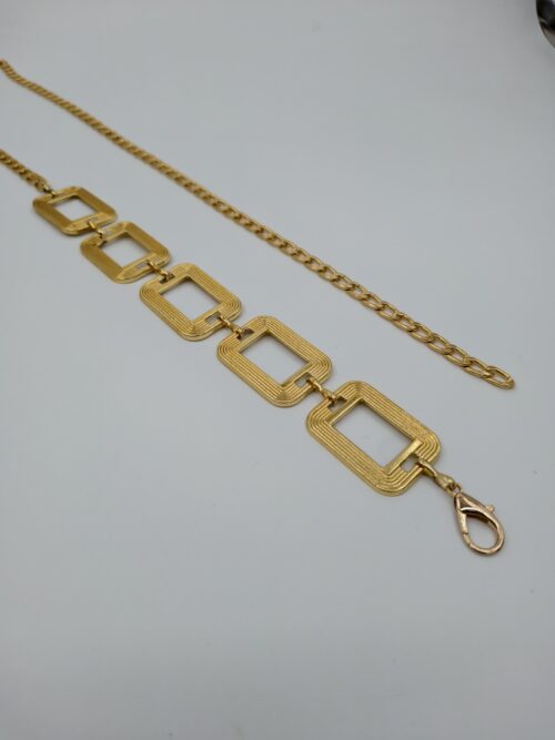Kadın Gold Zincir Kemer – Geometrik Dikdörtgen Detaylı Metal Bel Kemeri – Elbise ve Tunik Aksesuarı